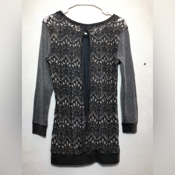Crash & Burn Shimmering Charcoal Blouse with Lace Accents - Picture 2 of 9